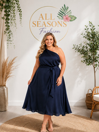 Quiz one shoulder navy midi - one,